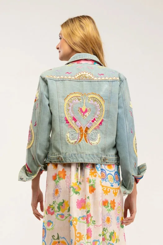 Denim Jacket With Embroidered Details, Rhinestones And Sequins With Printed Lining