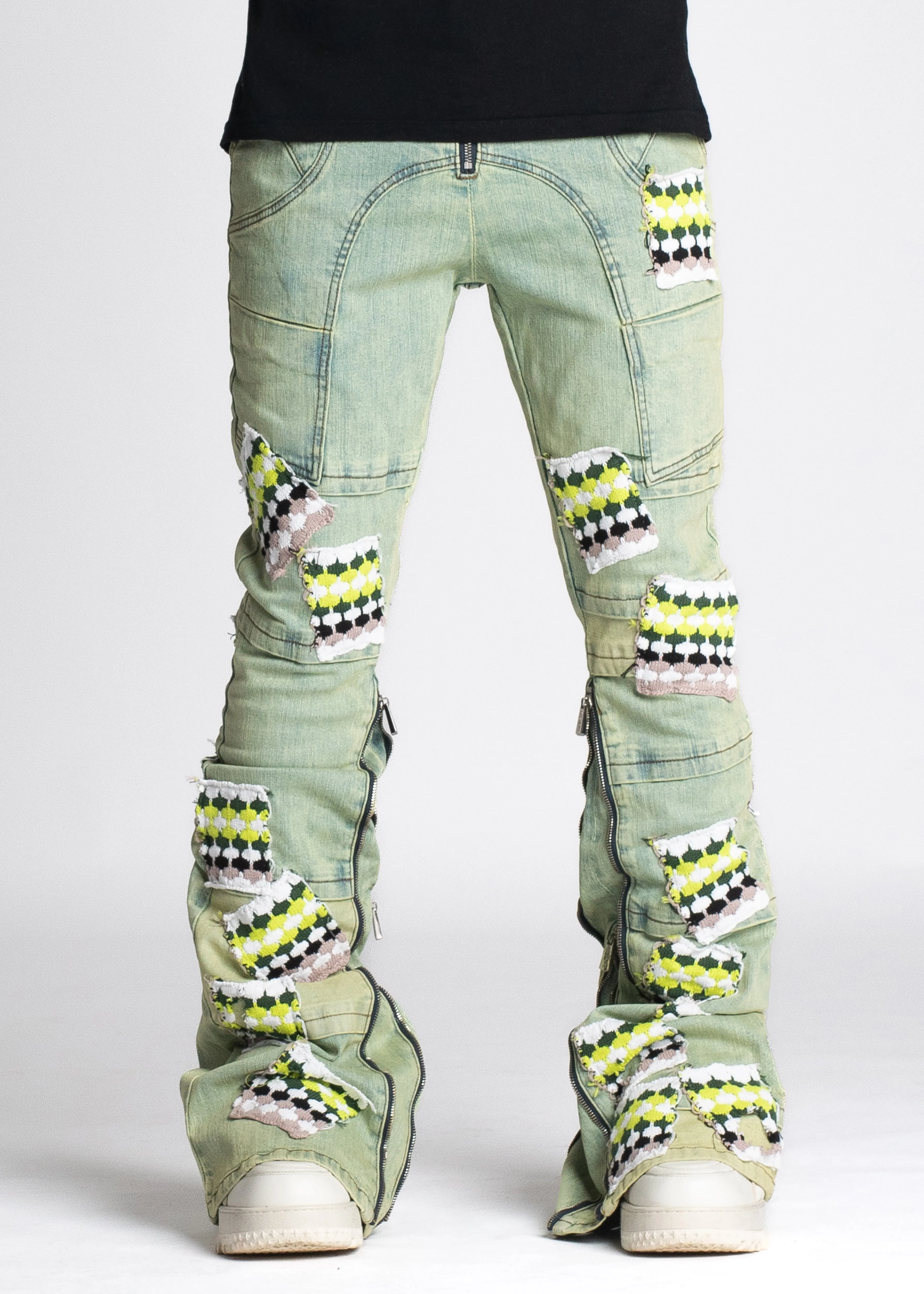 Slime Green Knit Patches Denim